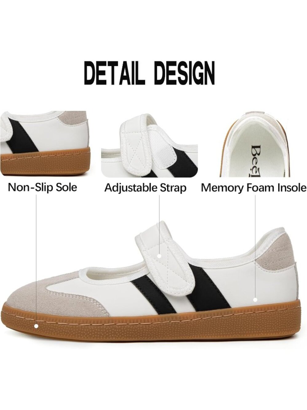 Women's White Black Non Slip Walking Flats Shoes Comfortable Ballet Sneakers - Picture 5 of 7